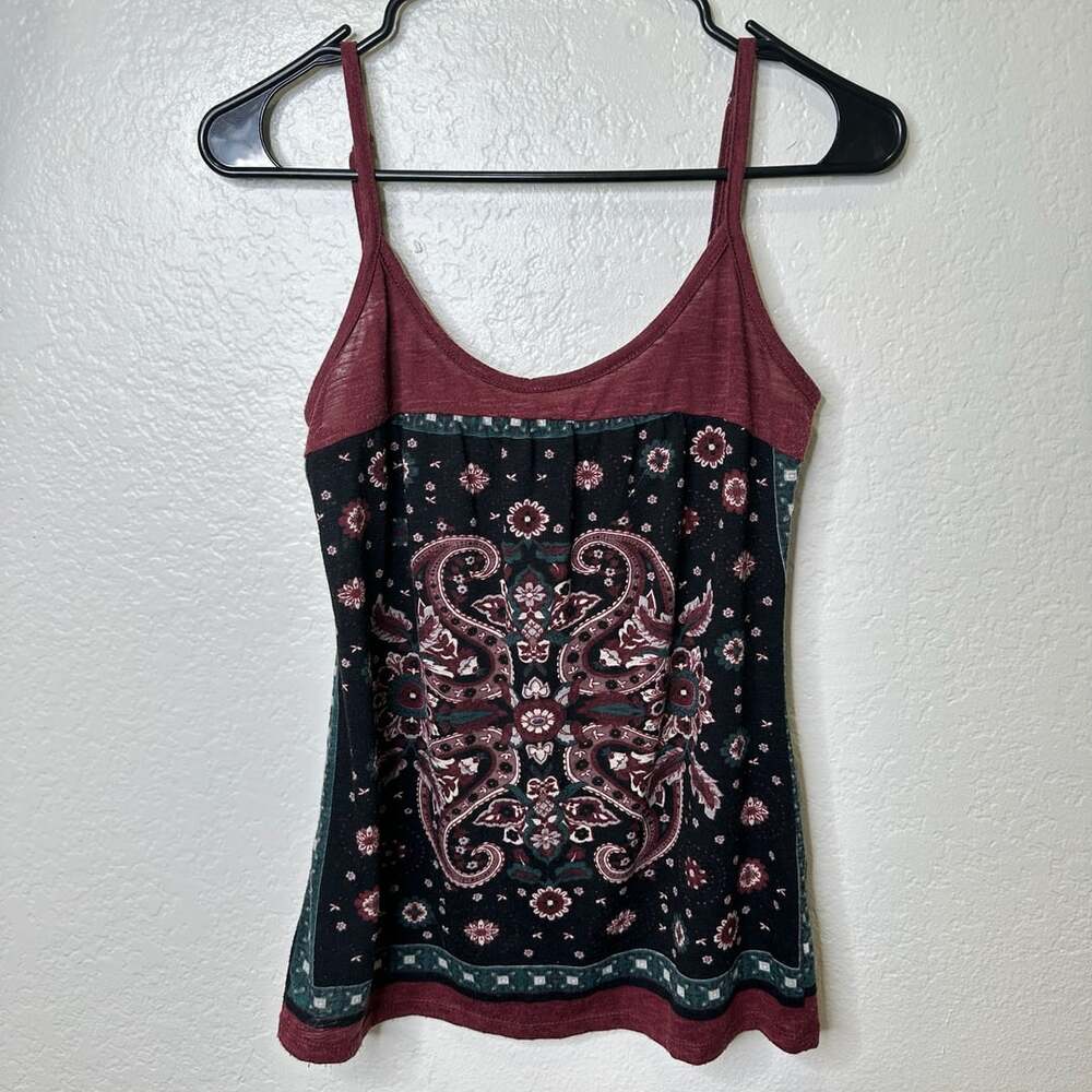 Boho Paisley Camisole Top Black Burgundy Floral Print Size S